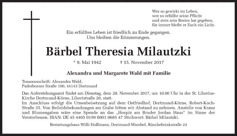  Traueranzeige für Bärbel Theresia Milautzki vom 18.11.2017 aus Ruhr Nachrichten