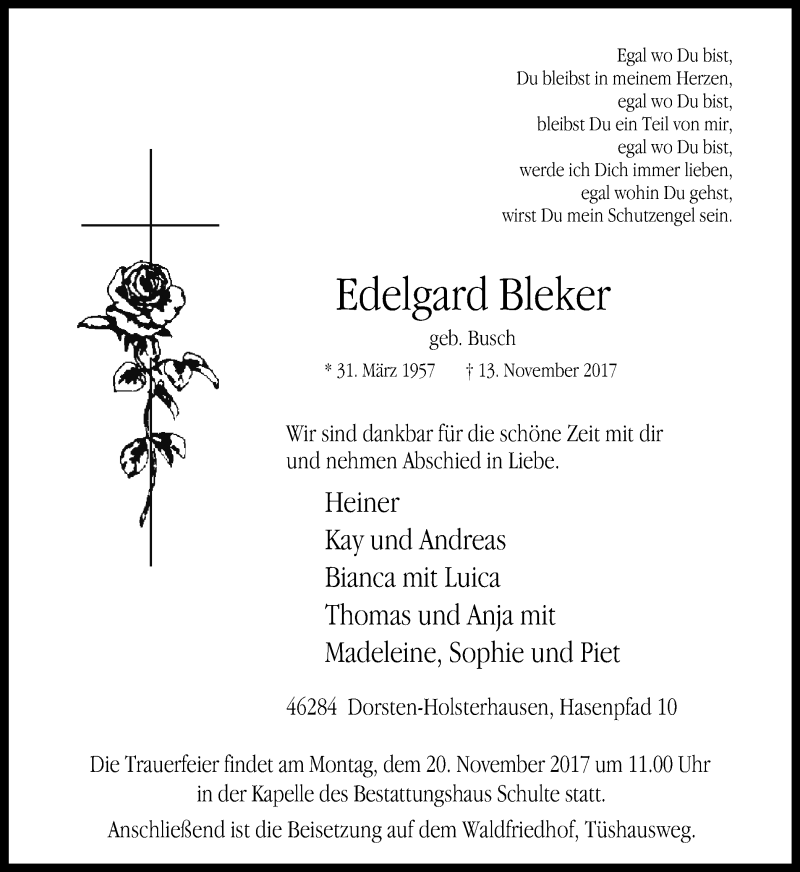  Traueranzeige für Edelgard Bleker vom 17.11.2017 aus Ruhr Nachrichten und Dorstener Zeitung