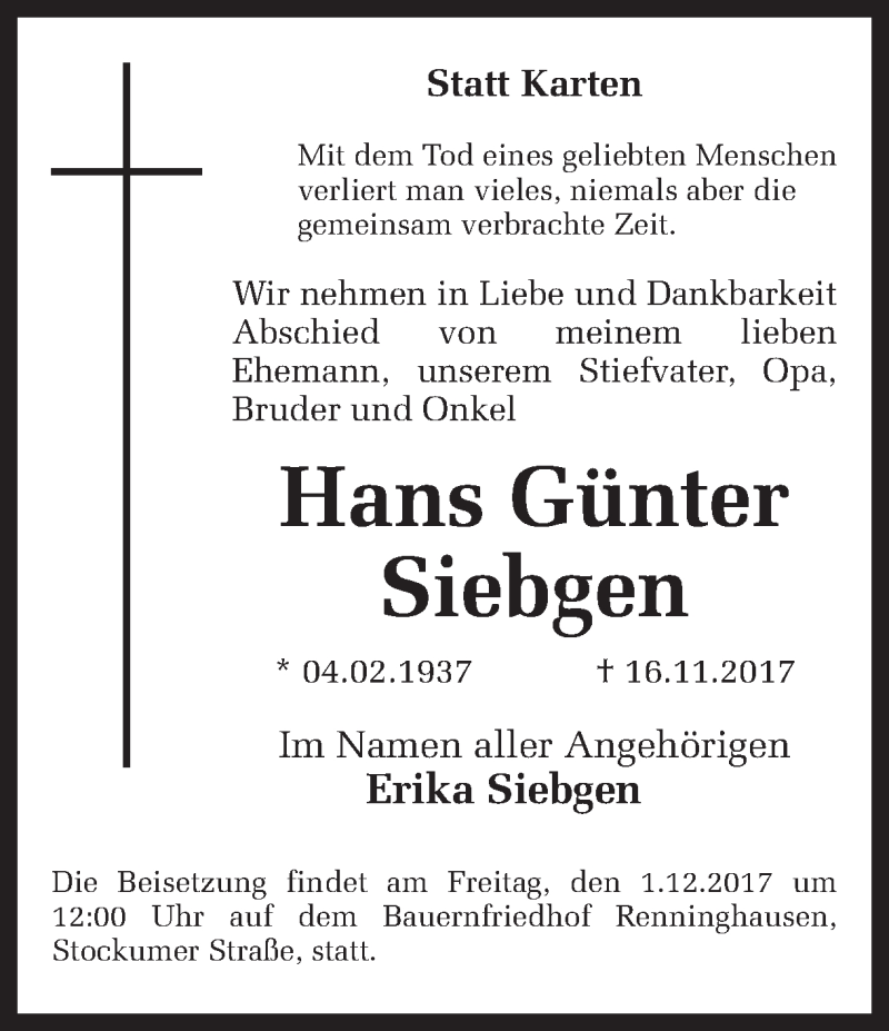  Traueranzeige für Hans Günter Siebgen vom 25.11.2017 aus Ruhr Nachrichten