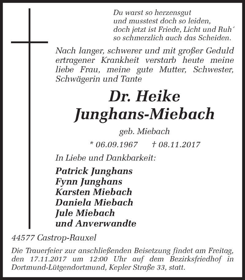  Traueranzeige für Heike Junghans-Miebach vom 11.11.2017 aus Ruhr Nachrichten