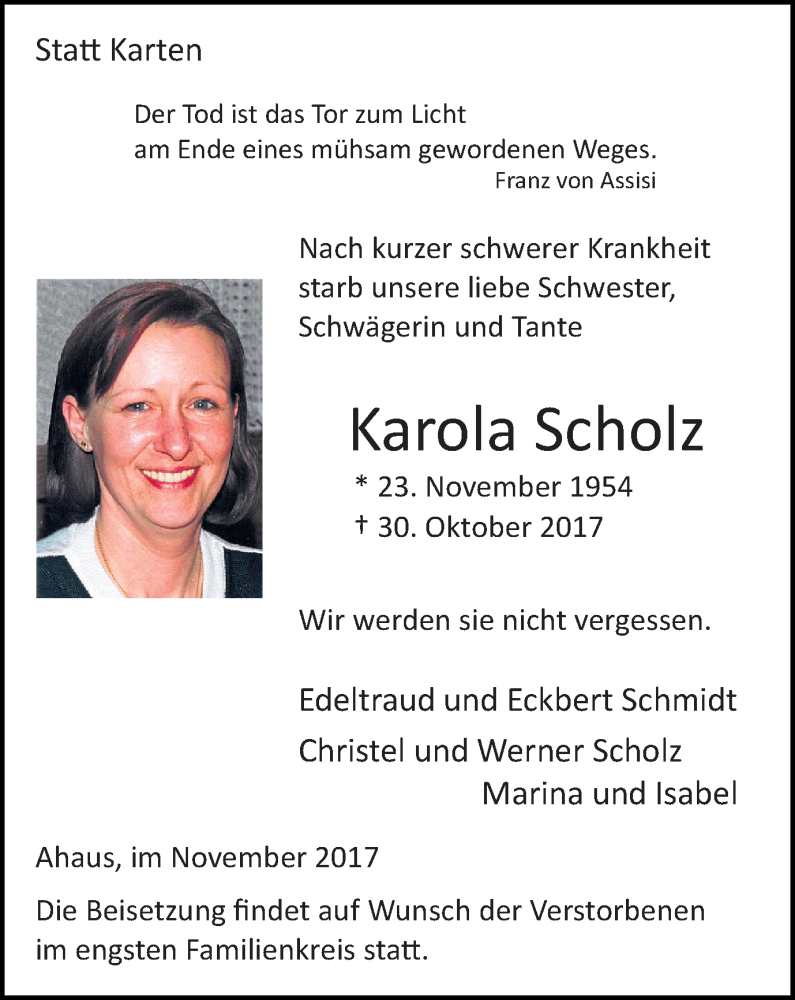  Traueranzeige für Karola Scholz vom 04.11.2017 aus Münstersche Zeitung und Münsterland Zeitung
