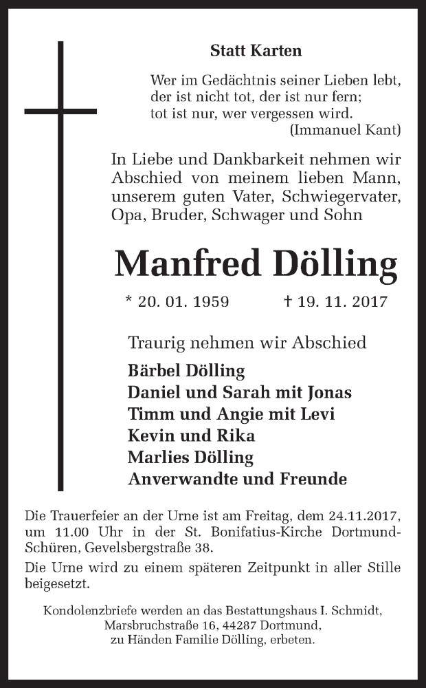  Traueranzeige für Manfred Dölling vom 21.11.2017 aus Ruhr Nachrichten