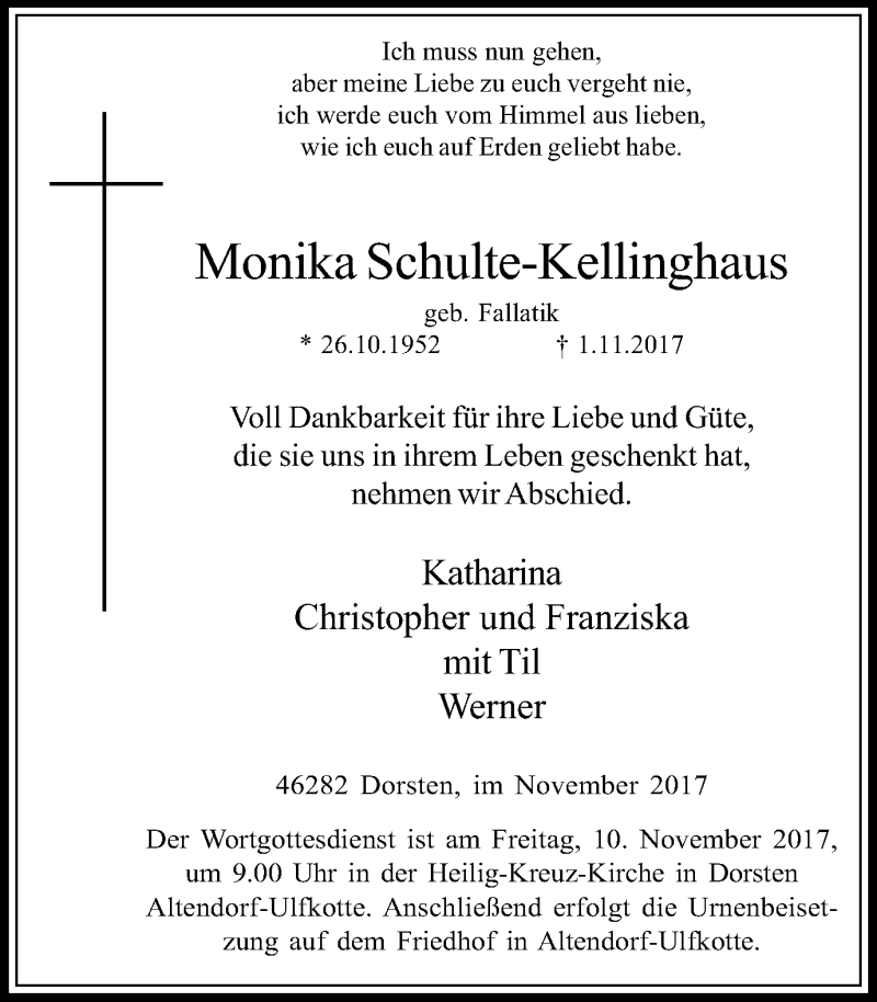  Traueranzeige für Monika Schulte-Kellinghaus vom 04.11.2017 aus Ruhr Nachrichten und Dorstener Zeitung