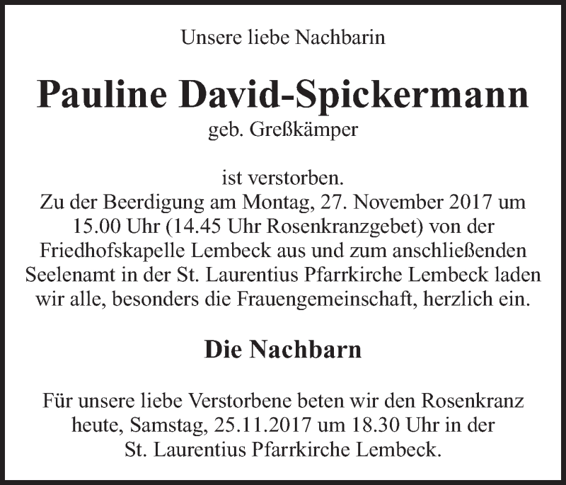  Traueranzeige für Pauline David-Spickermann vom 25.11.2017 aus Ruhr Nachrichten und Dorstener Zeitung