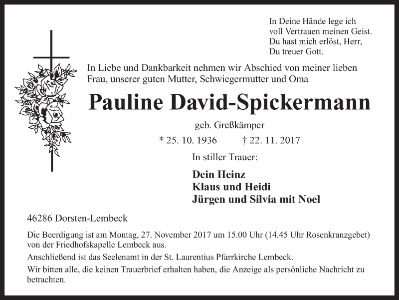  Traueranzeige für Pauline David-Spickermann vom 25.11.2017 aus Ruhr Nachrichten und Dorstener Zeitung