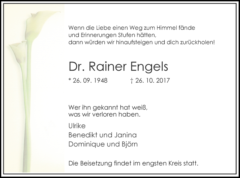  Traueranzeige für Rainer Engels vom 02.11.2017 aus Ruhr Nachrichten und Dorstener Zeitung