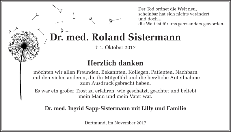  Traueranzeige für Roland Sistermann vom 25.11.2017 aus Ruhr Nachrichten