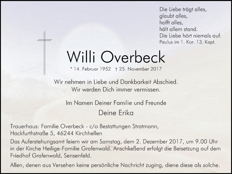  Traueranzeige für Willi Overbeck vom 29.11.2017 aus Ruhr Nachrichten und Dorstener Zeitung