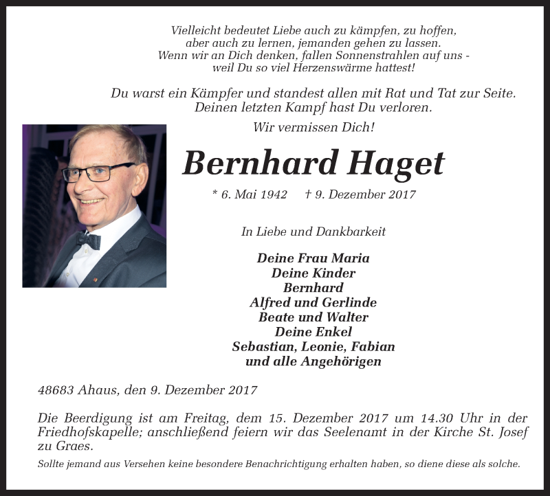  Traueranzeige für Bernhard Haget vom 12.12.2017 aus 