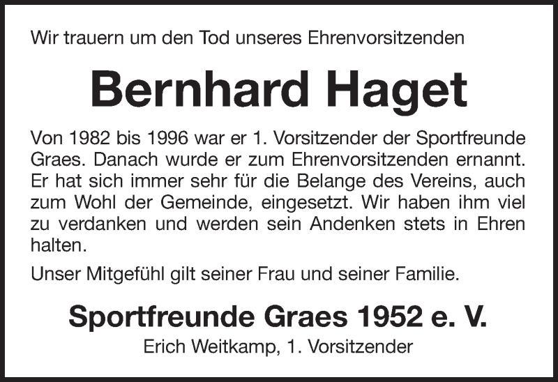  Traueranzeige für Bernhard Haget vom 15.12.2017 aus Münstersche Zeitung und Münsterland Zeitung
