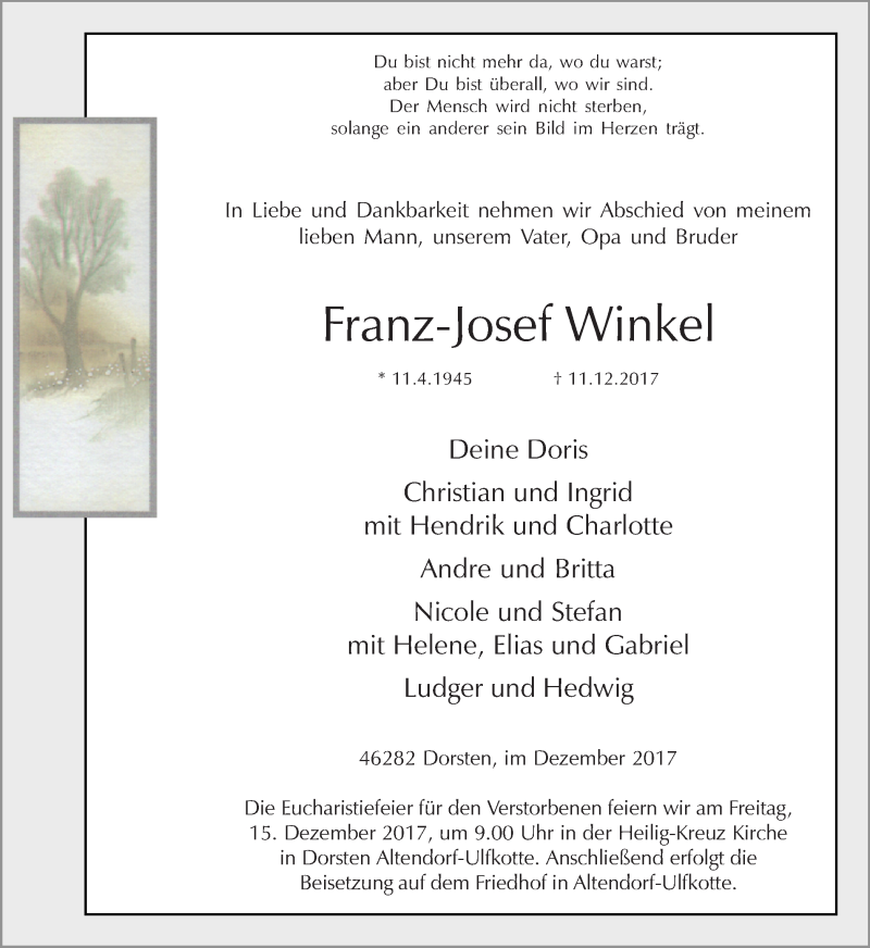  Traueranzeige für Franz-Josef Winkel vom 13.12.2017 aus Ruhr Nachrichten und Dorstener Zeitung
