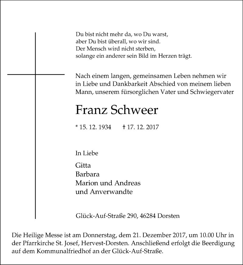  Traueranzeige für Franz Schweer vom 19.12.2017 aus Ruhr Nachrichten und Dorstener Zeitung