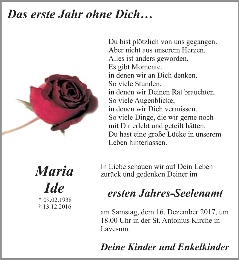  Traueranzeige für Maria Ide vom 13.12.2017 aus Ruhr Nachrichten und Halterner Zeitung