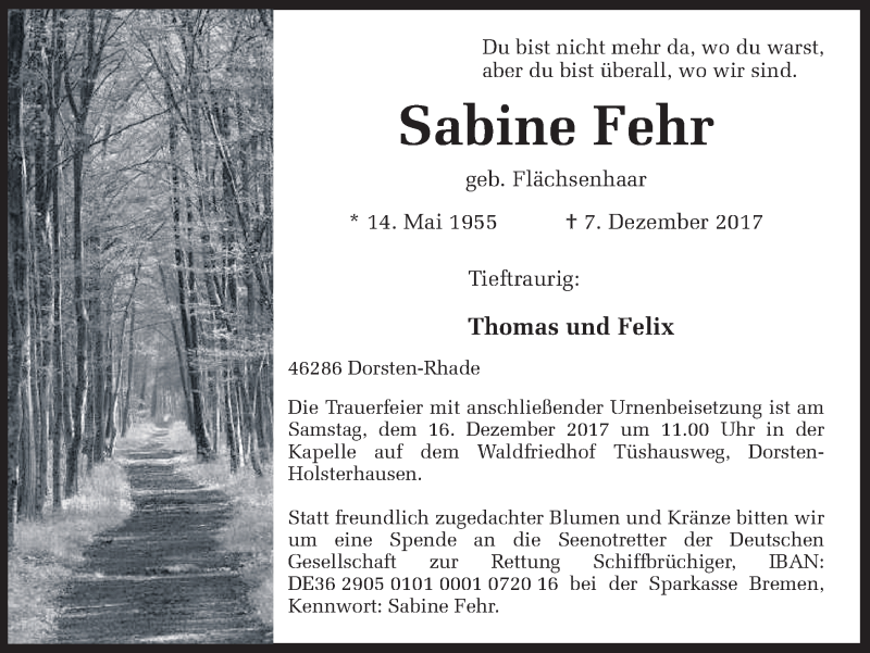  Traueranzeige für Sabine Fehr vom 12.12.2017 aus Ruhr Nachrichten und Dorstener Zeitung