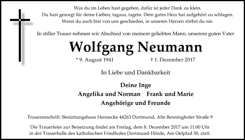  Traueranzeige für Wolfgang Neumann vom 05.12.2017 aus Ruhr Nachrichten