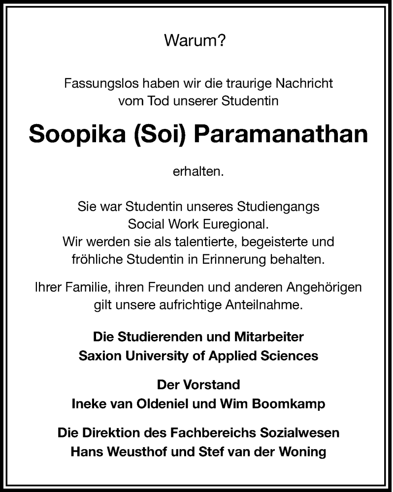  Traueranzeige für Soopika Paramanathan vom 16.02.2017 aus Münstersche Zeitung und Münsterland Zeitung