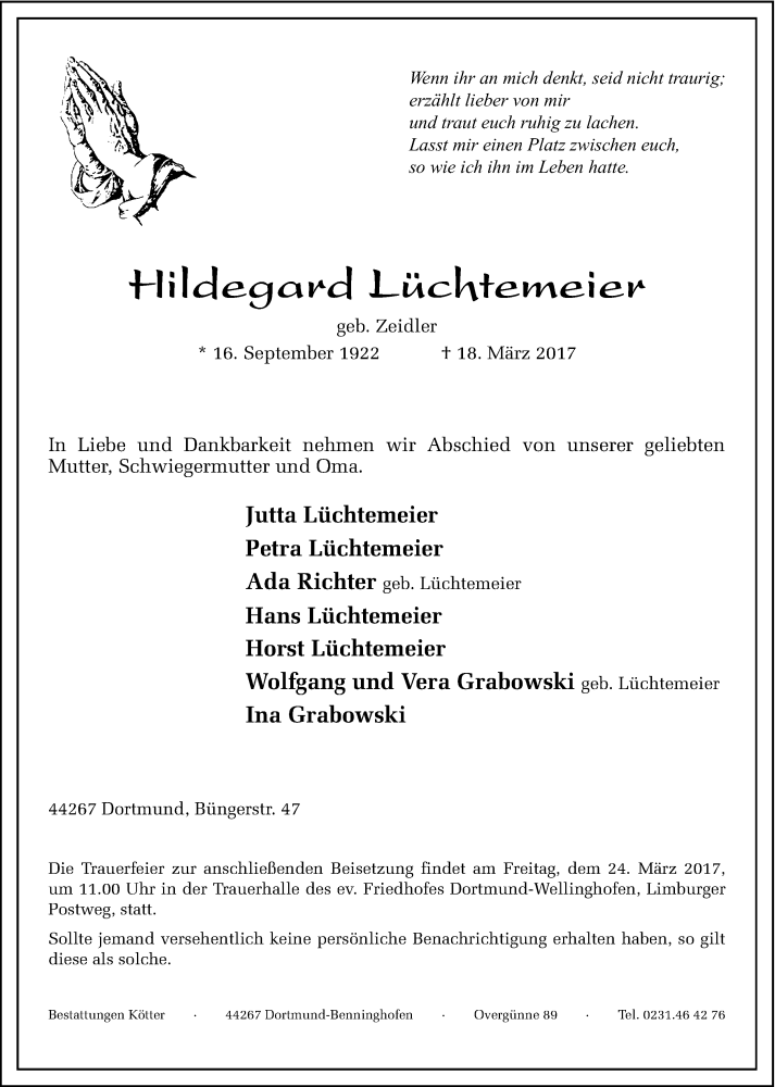  Traueranzeige für Hildegard Lüchtemeier vom 21.03.2017 aus Ruhr Nachrichten