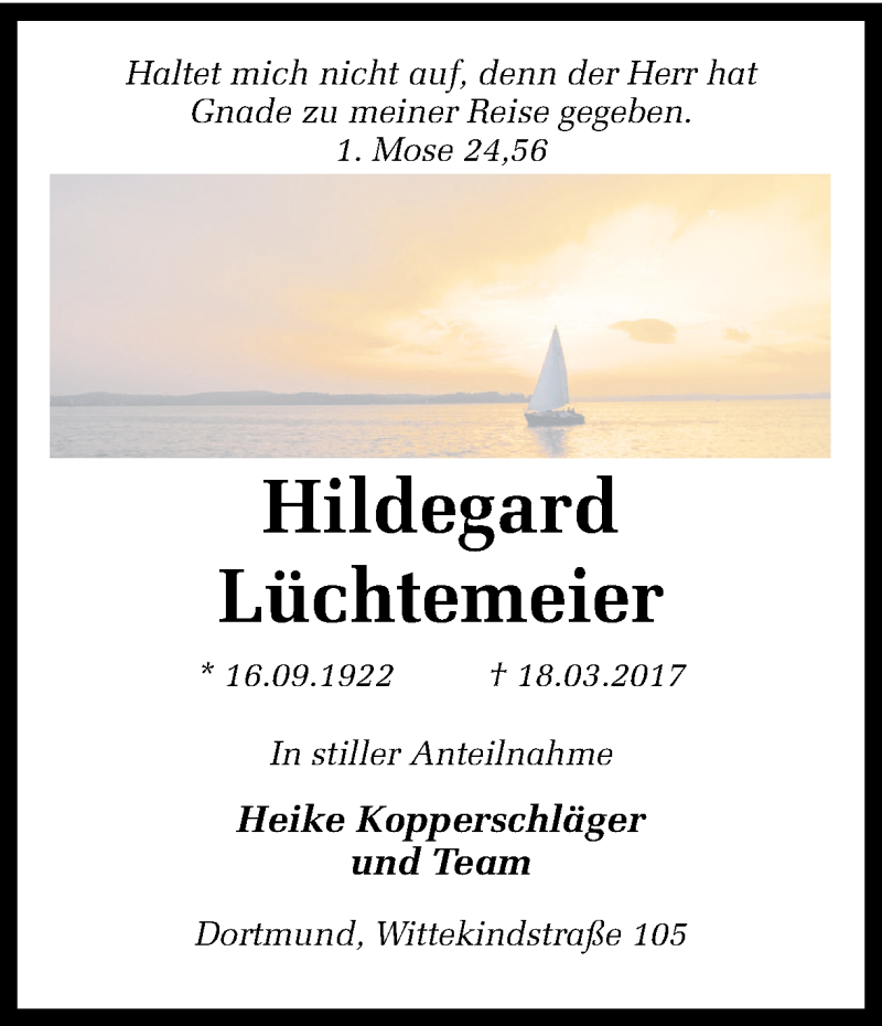  Traueranzeige für Hildegard Lüchtemeier vom 21.03.2017 aus Ruhr Nachrichten