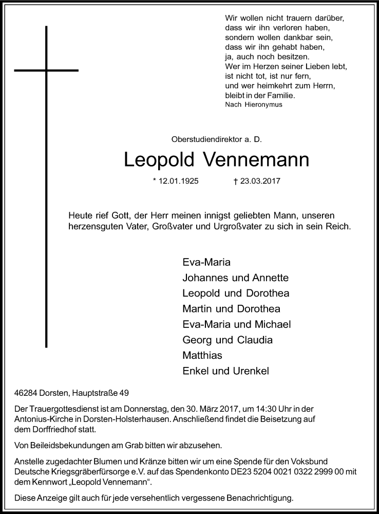  Traueranzeige für Leopold Vennemann vom 25.03.2017 aus Ruhr Nachrichten und Dorstener Zeitung