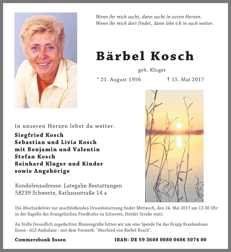  Traueranzeige für Bärbel Kosch vom 20.05.2017 aus Ruhr Nachrichten
