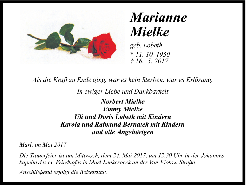  Traueranzeige für Marianne Mielke vom 20.05.2017 aus Ruhr Nachrichten und Dorstener Zeitung