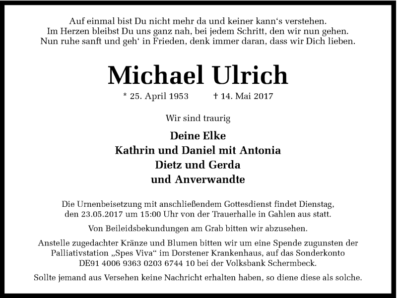  Traueranzeige für Michael Ulrich vom 20.05.2017 aus Ruhr Nachrichten und Dorstener Zeitung