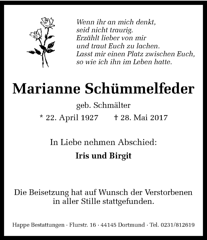  Traueranzeige für Marianne Schümmelfeder vom 10.06.2017 aus Ruhr Nachrichten