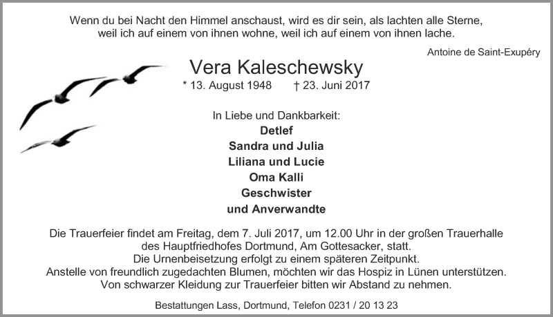  Traueranzeige für Vera Kaleschewsky vom 28.06.2017 aus Ruhr Nachrichten