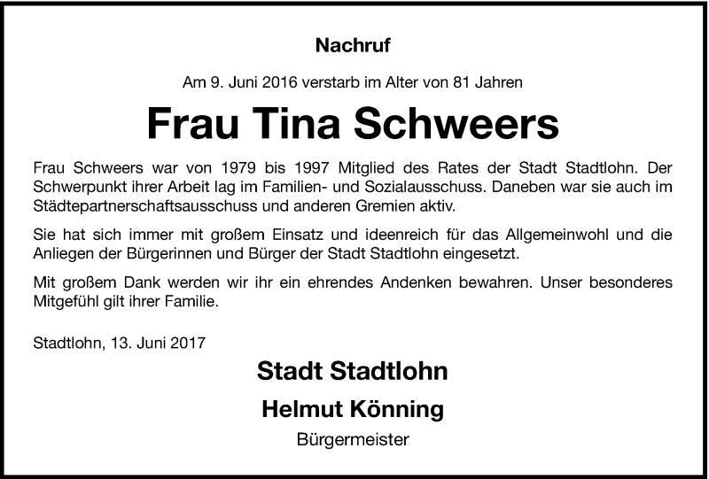  Traueranzeige für Tina Schweers vom 13.06.2017 aus Münstersche Zeitung und Münsterland Zeitung