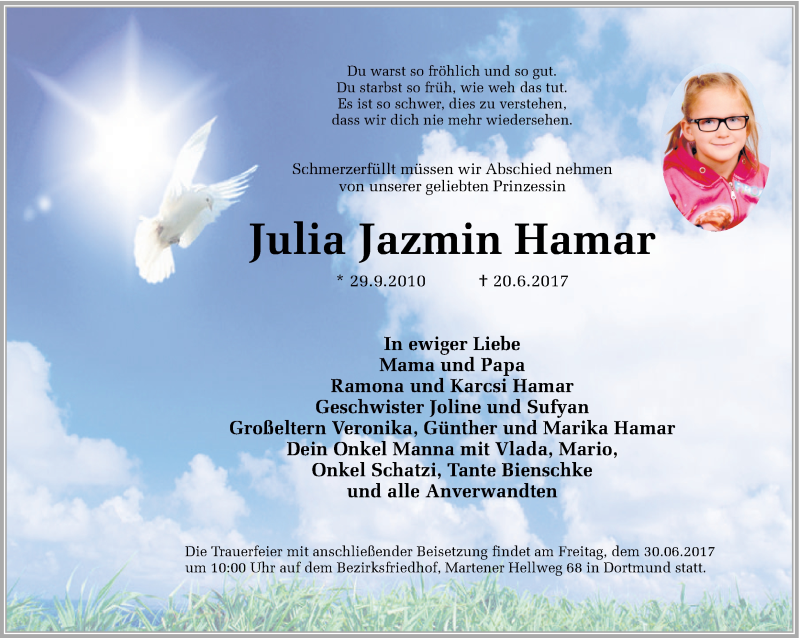  Traueranzeige für Julia Jazmin Hamar vom 28.06.2017 aus Ruhr Nachrichten
