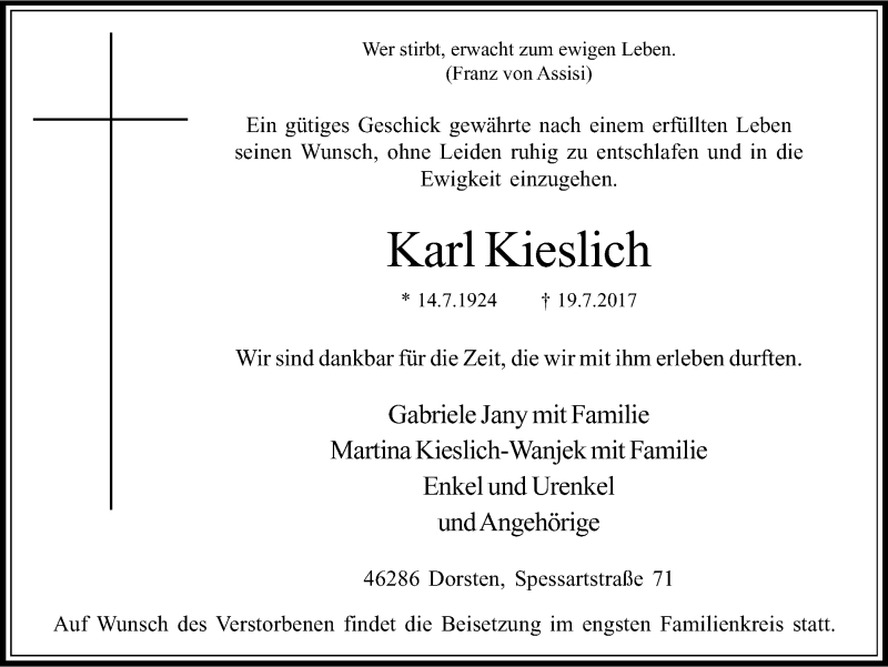  Traueranzeige für Karl Kieslich vom 22.07.2017 aus Ruhr Nachrichten und Dorstener Zeitung