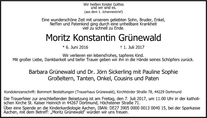  Traueranzeige für Moritz Konstantin Grünewald vom 05.07.2017 aus Ruhr Nachrichten