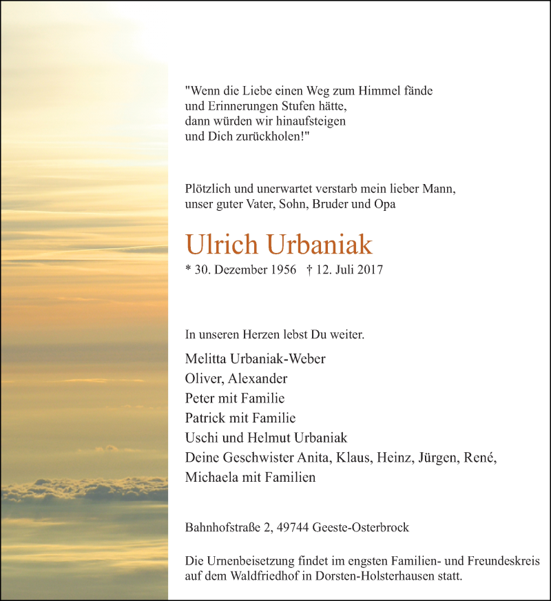  Traueranzeige für Ulrich Urbaniak vom 22.07.2017 aus Ruhr Nachrichten und Dorstener Zeitung