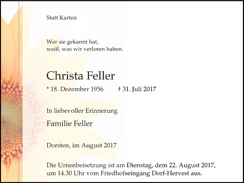  Traueranzeige für Christa Feller vom 18.08.2017 aus Ruhr Nachrichten und Dorstener Zeitung