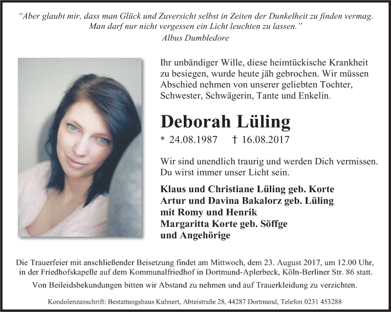  Traueranzeige für Deborah Lüling vom 19.08.2017 aus Ruhr Nachrichten
