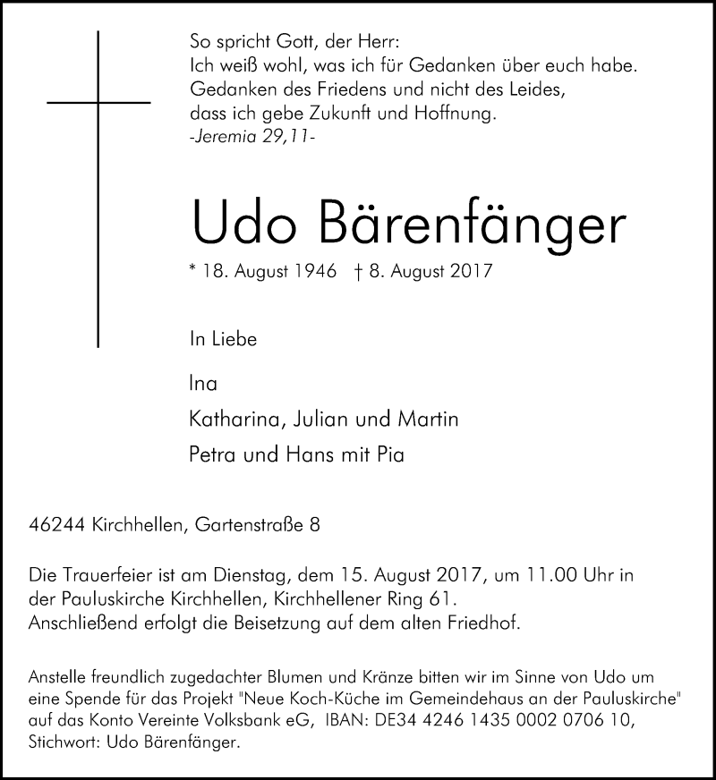  Traueranzeige für Udo Bärenfänger vom 12.08.2017 aus Ruhr Nachrichten und Dorstener Zeitung