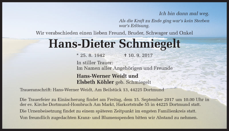  Traueranzeige für Hans-Dieter Schmiegelt vom 14.09.2017 aus Ruhr Nachrichten