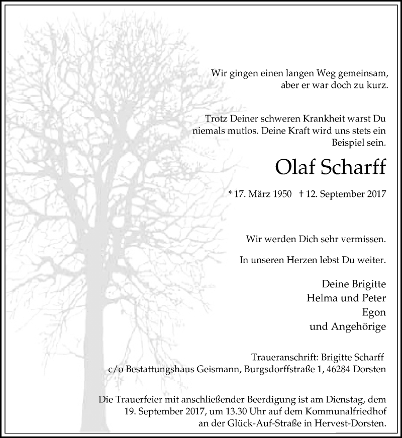  Traueranzeige für Olaf Scharff vom 15.09.2017 aus Ruhr Nachrichten und Dorstener Zeitung