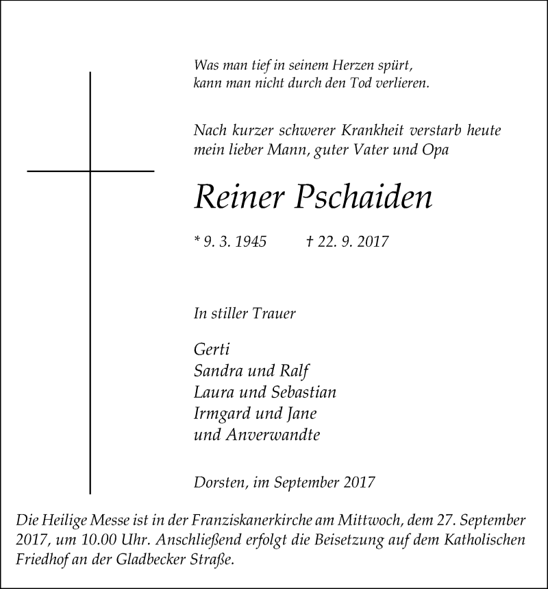  Traueranzeige für Reiner Pschaiden vom 25.09.2017 aus Ruhr Nachrichten und Dorstener Zeitung