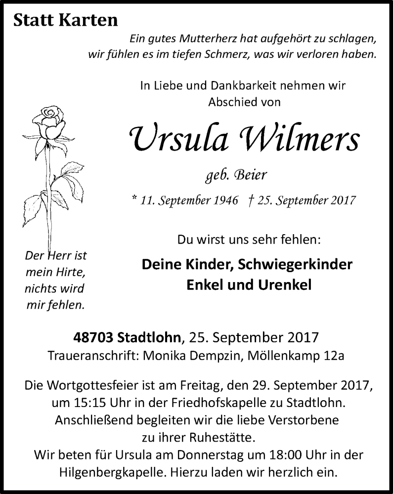  Traueranzeige für Ursula Wilmers vom 27.09.2017 aus Münstersche Zeitung und Münsterland Zeitung