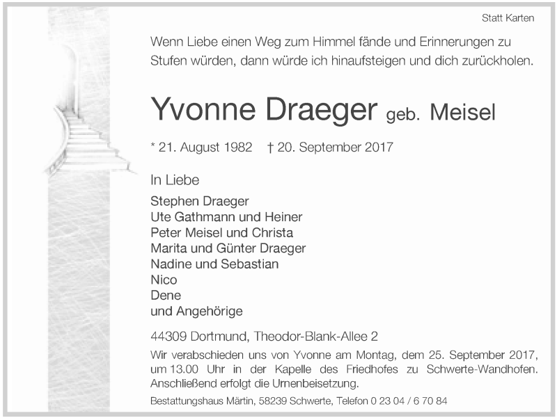  Traueranzeige für Yvonne Draeger vom 22.09.2017 aus Ruhr Nachrichten