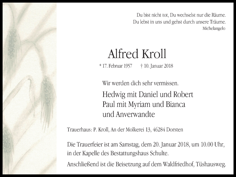  Traueranzeige für Alfred Kroll vom 17.01.2018 aus Ruhr Nachrichten und Dorstener Zeitung