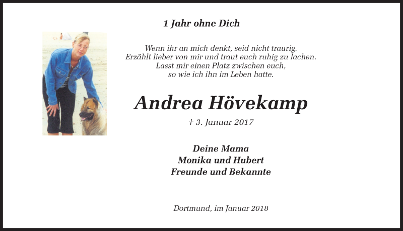  Traueranzeige für Andrea Hövekamp vom 03.01.2018 aus Ruhr Nachrichten
