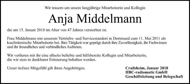 Traueranzeige für Anja Middelmann vom 18.01.2018 aus Ruhr Nachrichten