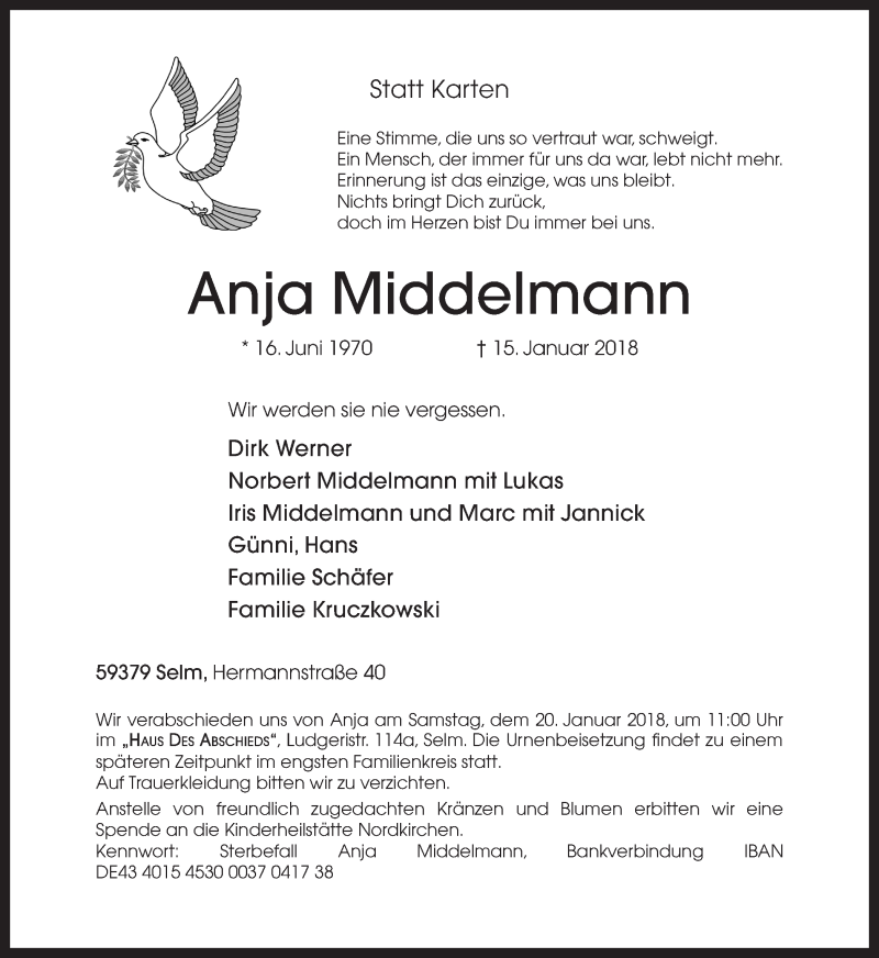  Traueranzeige für Anja Middelmann vom 18.01.2018 aus Ruhr Nachrichten