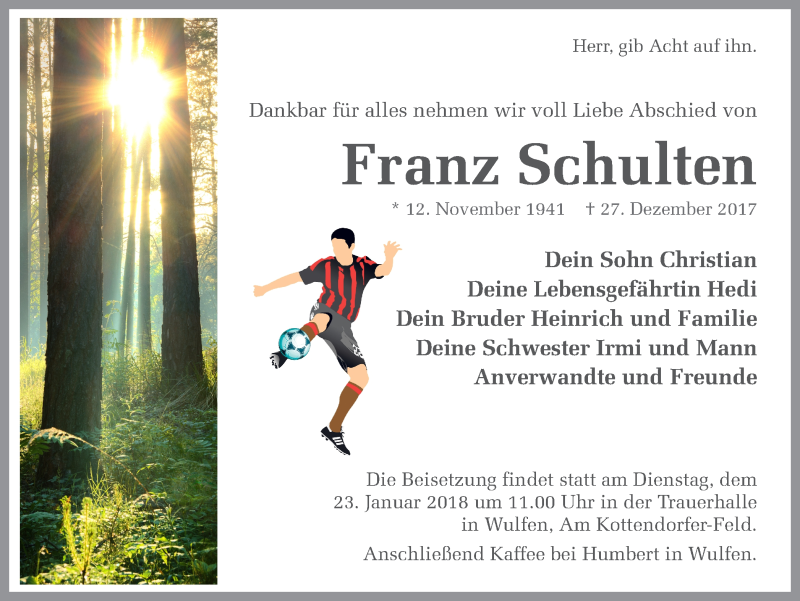  Traueranzeige für Franz Schulten vom 20.01.2018 aus Ruhr Nachrichten und Dorstener Zeitung