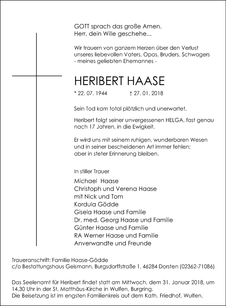  Traueranzeige für Heribert Haase vom 30.01.2018 aus Ruhr Nachrichten und Dorstener Zeitung