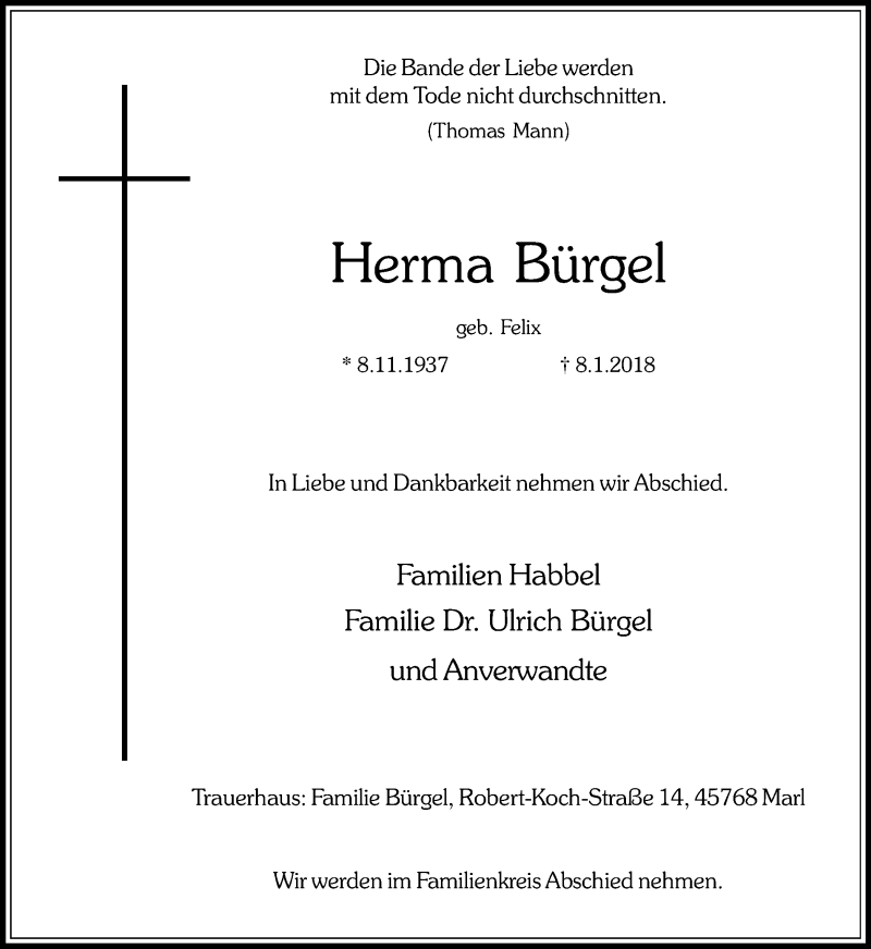  Traueranzeige für Herma Bürgel vom 13.01.2018 aus Ruhr Nachrichten und Dorstener Zeitung