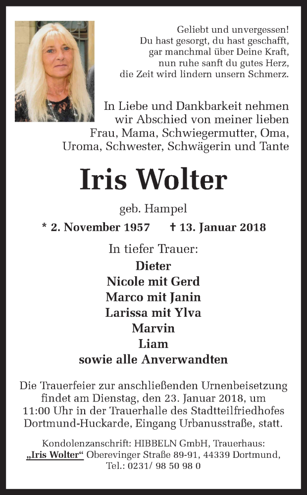  Traueranzeige für Iris Wolter vom 18.01.2018 aus Ruhr Nachrichten