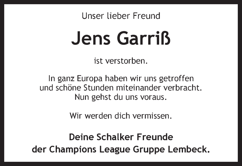  Traueranzeige für Jens Garriß vom 23.01.2018 aus Ruhr Nachrichten und Dorstener Zeitung
